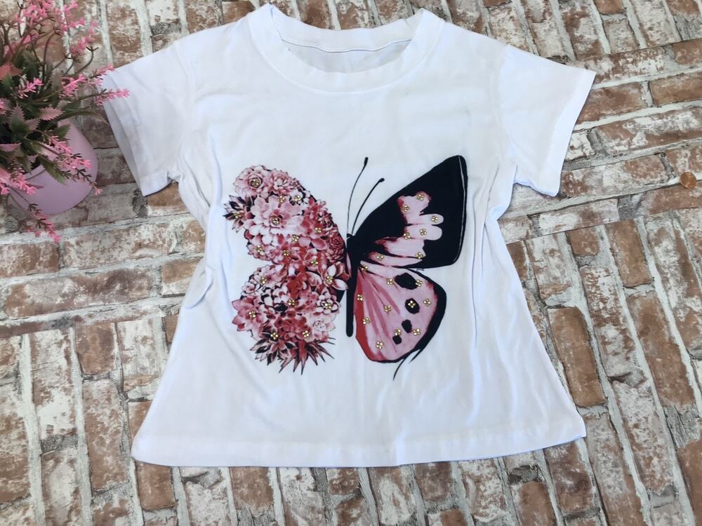 Women's White Butterfly Print White Rhinestone Short Sleeve Tee Size Sm Cotton